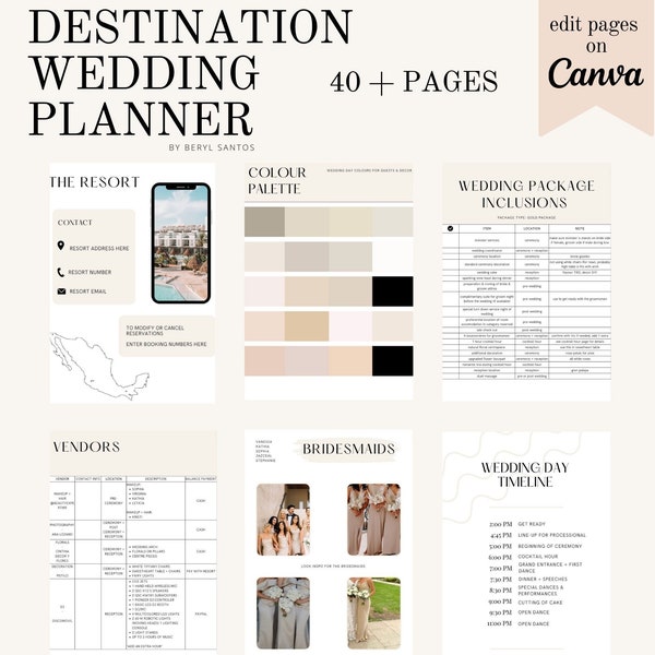 40+ Pages Destination Wedding Planner | Editable Canva Template with Timeline, Checklists, Task List, Shot List and Inspo