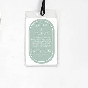 Titular de la llave de la sala de bodas de destino verde azulado para bolsa de bienvenida, itinerario de boda, boda de destino, línea de tiempo de la boda, plantilla, editable