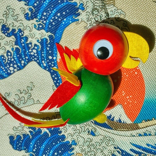 Parrot Bouncy - Tropical Coastal Beach House Bird Wooden Toy Spring Jumper - Old World Style German Decorative - I Love Bouncies