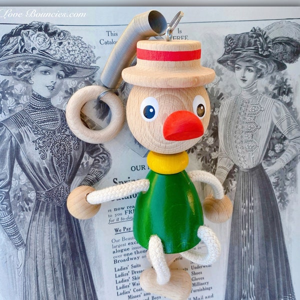Dapper Duck Bouncy - Waterfowl Drake Bird Wooden Toy Spring Jumper - Child Development - Old World Style German Decorative - I Love Bonucies