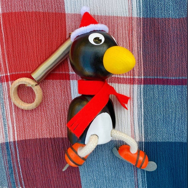 Ice Skating Christmas Penguin Bouncy - Wooden Penguin North Pole Christmas Bird Toy on Spring Jumper Old World Style German Decorative