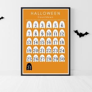 May include: A Halloween countdown poster with an orange background and black frame. The poster features a white ghost for each day of the month, with the numbers 1 through 31 printed inside the ghosts. The text "HALLOWEEN Countdown" is printed at the top of the poster.