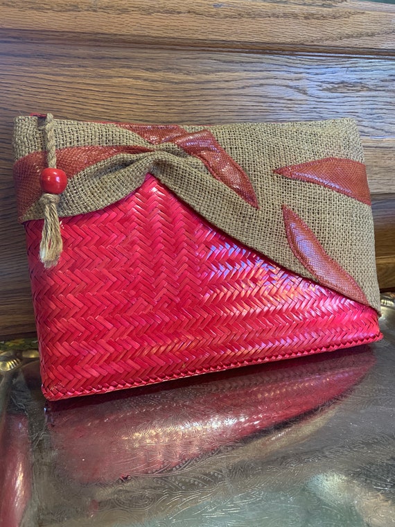 Vintage Red Straw Valerie Oversized Clutch Gem