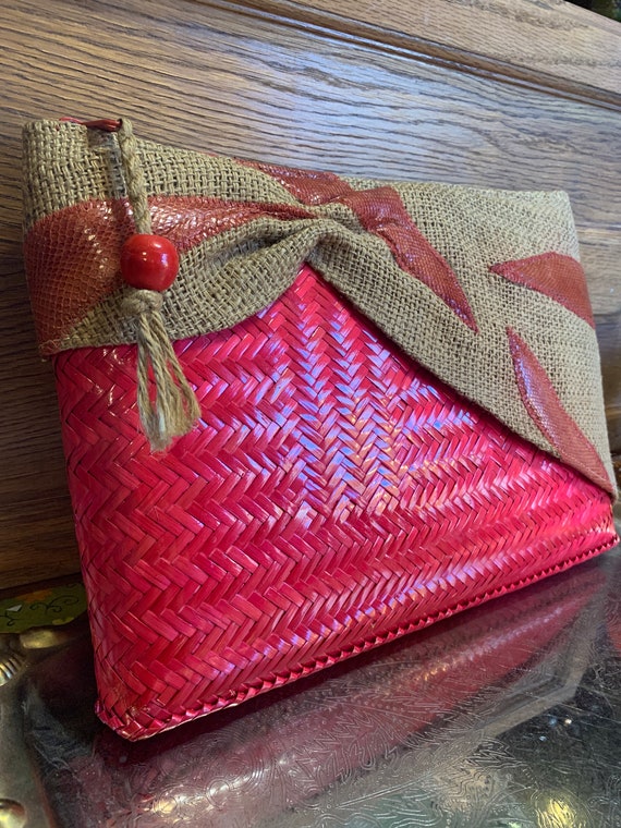 Vintage Red Straw Valerie Oversized Clutch Gem