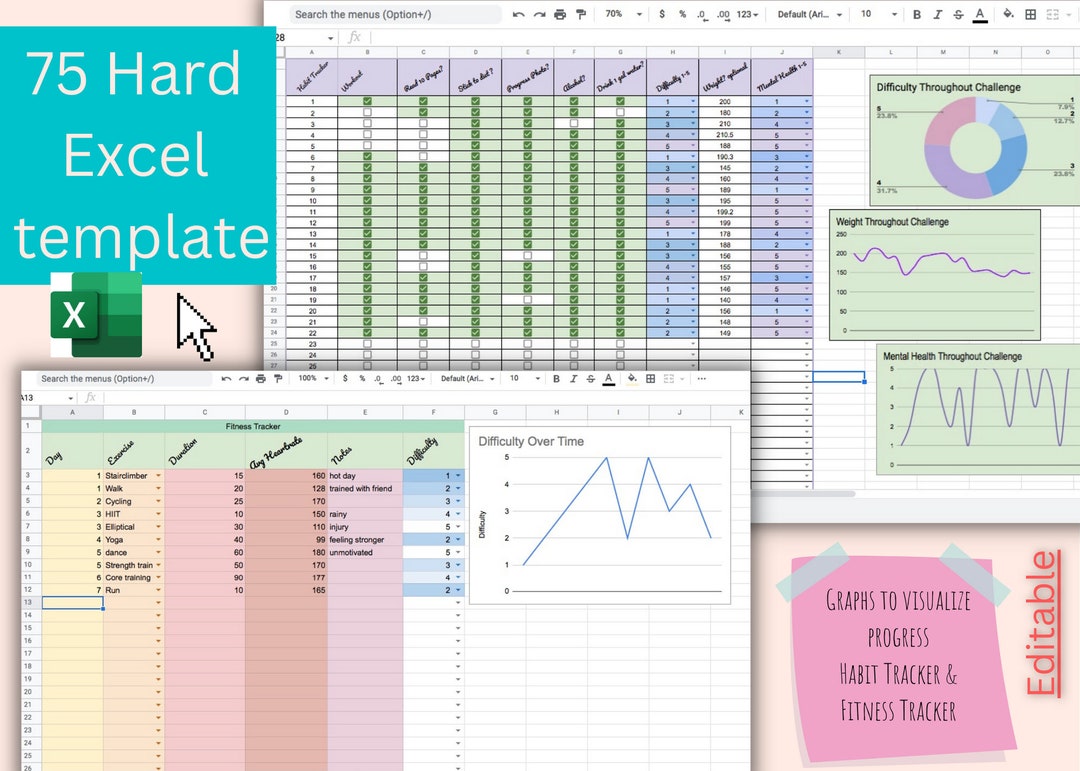 75 hard excel tracker etsy