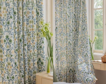Customize Size/Head Summer Countryside Blue Version Drapery Curtains, 40% Shading Extra Liner Available, Extra Wide, Free tieback, 1 Panel
