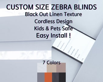 Custom Size Cordless Zebra Roller Blackout Linen Texture Window Blinds, Dual Layer Roller Blinds, EASY INSTALL, Pet and kids safe design