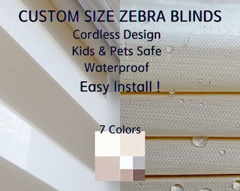 Custom Size Cordless Zebra Roller Window Blinds Waterproof Fabric, Dual Layer Roller Shade Blinds, EASY INSTALL, Pet and kids safe design