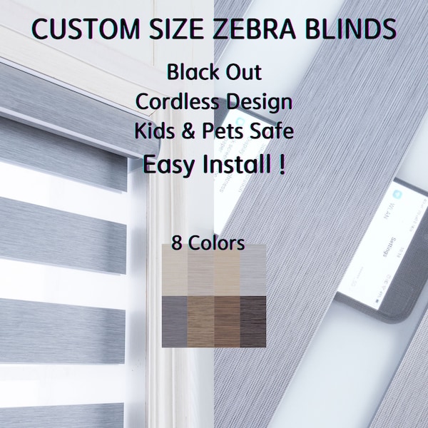 Custom Size Cordless Zebra Roller Blackout Window Blinds, Dual Layer Roller Shade Blinds, EASY INSTALL, Pet and kids safe design