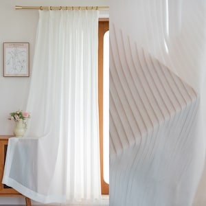 Customize Size/Head Vertical Striped White Sheer Curtain, Extra Wide Extra Long, Free Tieback, 1 Panel