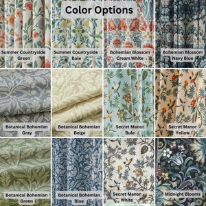 K&ouml;nnte beinhalten: Eine Sammlung von Stoffmustern mit verschiedenen floralen und botanischen Mustern. Das Bild zeigt verschiedene Farboptionen, darunter Gr&uuml;n, Blau, Beige und Wei&szlig;, mit Namen wie "Summer Countryside", "Bohemian Blossom" und "Midnight Blooms". Der Text "Color Options" befindet sich oben.