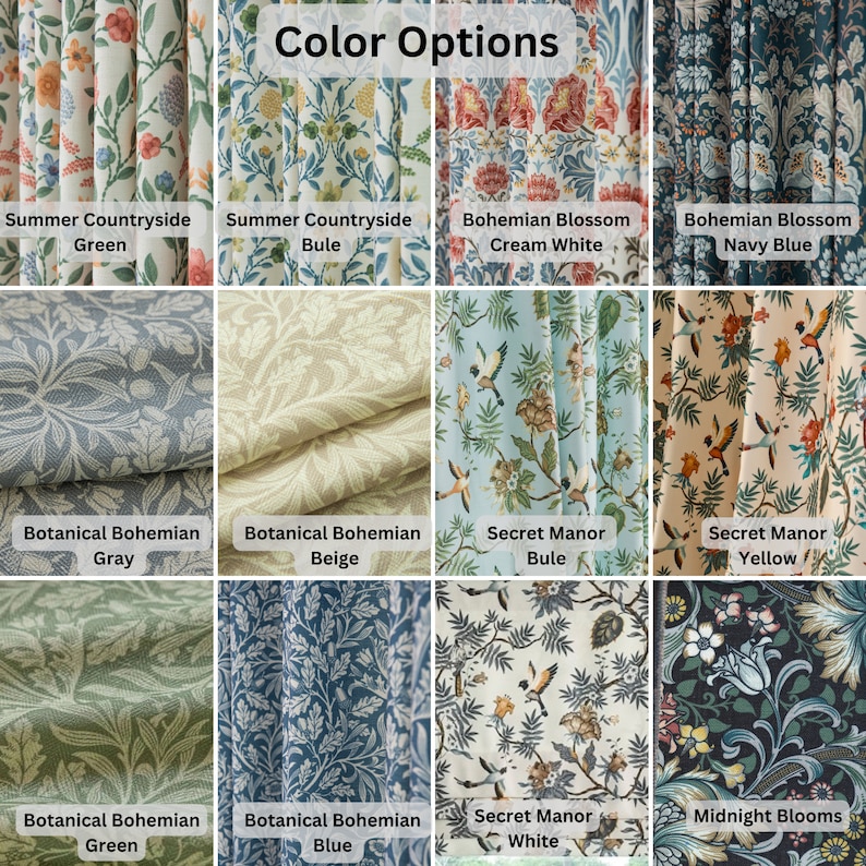K&ouml;nnte beinhalten: Eine Sammlung von Stoffmustern mit verschiedenen floralen und botanischen Mustern. Das Bild zeigt verschiedene Farboptionen, darunter Gr&uuml;n, Blau, Beige und Wei&szlig;, mit Namen wie "Summer Countryside", "Bohemian Blossom" und "Midnight Blooms". Der Text "Color Options" befindet sich oben.