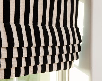 Customize Faux Roman Shades, Window Valance, Black & White Luxe Stripes，For Decorative Use Only, Non-Adjustable