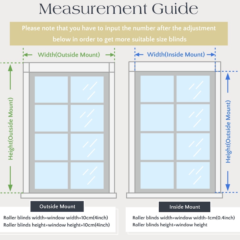 May include: Diagram showing how to measure for inside and outside window blinds.  The diagram shows a window with measurements for both inside and outside mounting.  The text reads: "Please note that you have to input the number after the adjustment below in order to get more suitable size blinds.  Width(Outside Mount)  Width(Inside Mount)  Height(Outside Mount)  Height(Outside Mount)  Outside Mount  Roller blinds width=window width+10cm(4inch)  Roller blinds height=window height+10cm(4inch)  Inside Mount  Roller blinds width=window width-1cm(0.4inch)  Roller blinds height=window height"