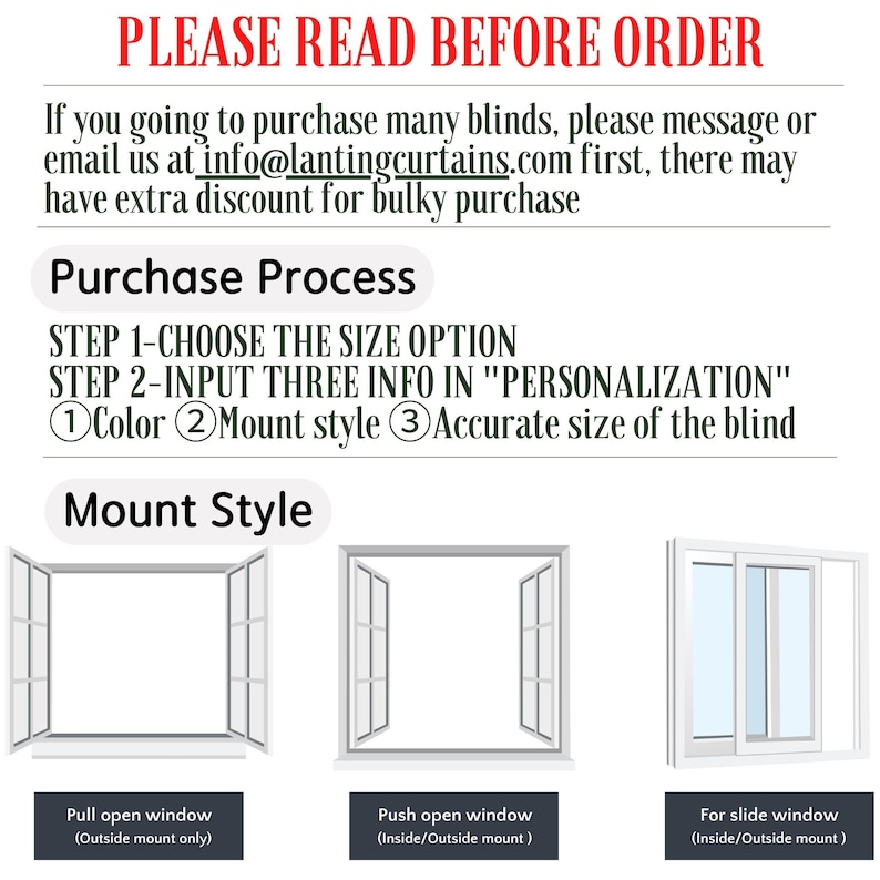 May include: Diagram showing three different window styles for blinds: pull open, push open, and slide. The text reads "PLEASE READ BEFORE ORDER" and "Purchase Process".  The steps for purchasing are: 1. Choose the size option, 2. Input three info in "Personalization": Color, Mount style, Accurate size of the blind.