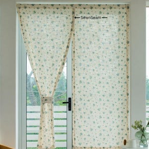 Custom Linen Doorway Curtain: Blue Floral Noren Panel with Tieback