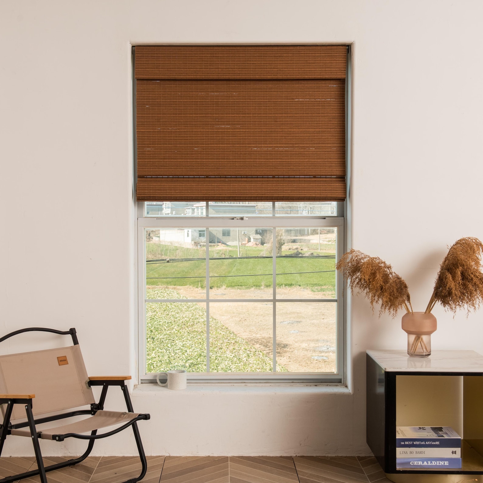 Natural Bamboo Cordless Roman Shades Inside Mount, 31-35 inches, Blackout Lining