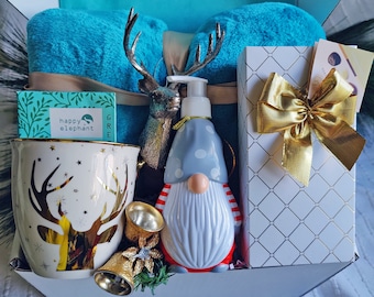 Secret Santa Teal Gift, Christmas Basket for teacher, Gift for Nana, Happy Gift set for friends, Housewarming gift, Gift for Grandma