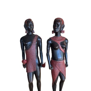 Vintage Authentic African Folk Art Masai Warriors Pair of Wooden Sculptures Statues Kenya