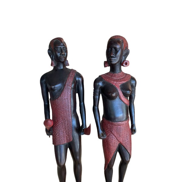 Vintage Authentic African Folk Art Masai Warriors Pair of Wooden Sculptures Statues Kenya