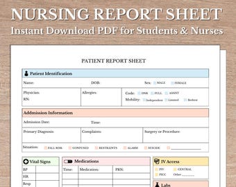 Nursing Clinical Report Sheet | Printable & Fillable PDF | SBAR Nursing Brain Sheet | Patient Report Template for Nursing Students and RNs