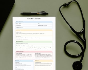 Printable Nursing Care Plan Template | Clinical Care Sheet | RN Student Resource | Color-Coded & Minimalist | PDF Download