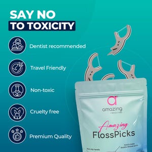 以下が含まれることがあります： ピンクと黒の文字で「Amazing FlossPicks」と書かれた白いポーチ。ポーチには、銀色のフロスピックが3本入っています。ポーチには、「滑り止めハンドル」と「折り畳んでダブルスレッドピックを作る」という文字も書かれています。ポーチは、歯科医推奨、旅行に便利、無毒、動物実験なし、プレミアム品質という特徴のリストが書かれた青い背景の上にあります。
