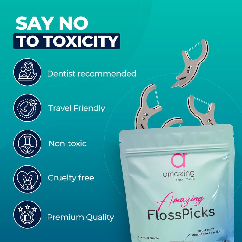 以下が含まれることがあります： ピンクと黒の文字で「Amazing FlossPicks」と書かれた白いポーチ。ポーチには、銀色のフロスピックが3本入っています。ポーチには、「滑り止めハンドル」と「折り畳んでダブルスレッドピックを作る」という文字も書かれています。ポーチは、歯科医推奨、旅行に便利、無毒、動物実験なし、プレミアム品質という特徴のリストが書かれた青い背景の上にあります。