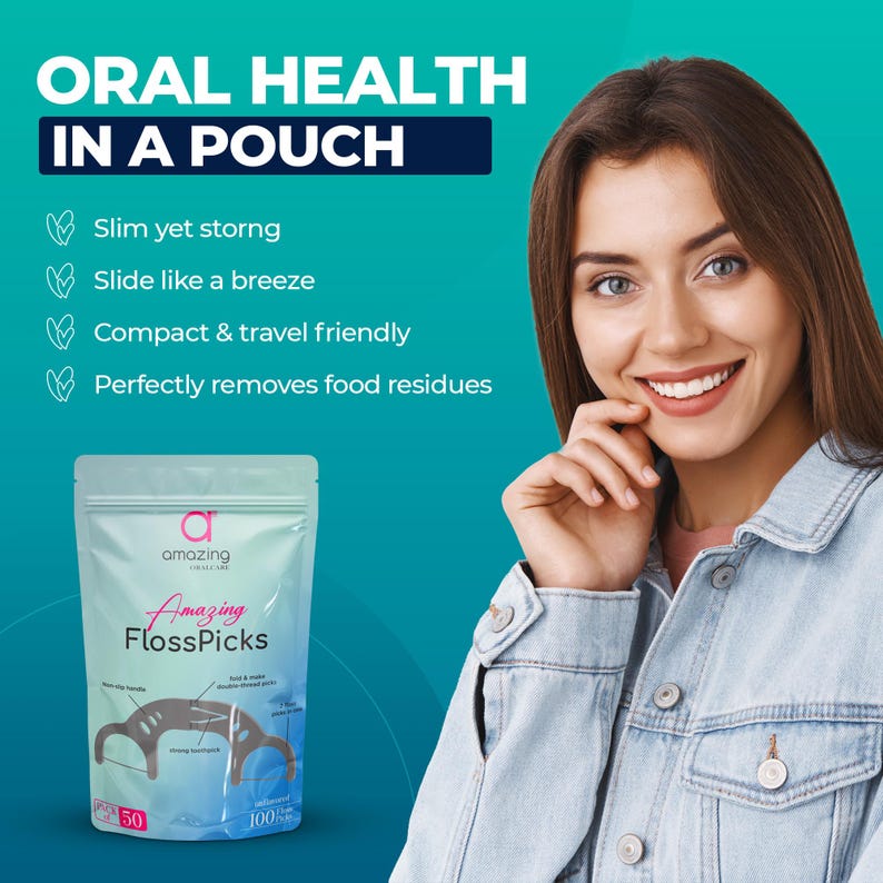 以下が含まれることがあります： ピンクのラベルに「Amazing FlossPicks」と書かれた銀色のポーチで、製品のクローズアップが映っています。ポーチはターコイズブルーの背景にあり、「ORAL HEALTH IN A POUCH」というテキストと、「Slim yet strong」、「Slide like a breeze」、「Compact & travel friendly」、「Perfectly removes food residues」という利点のリストが書かれています。