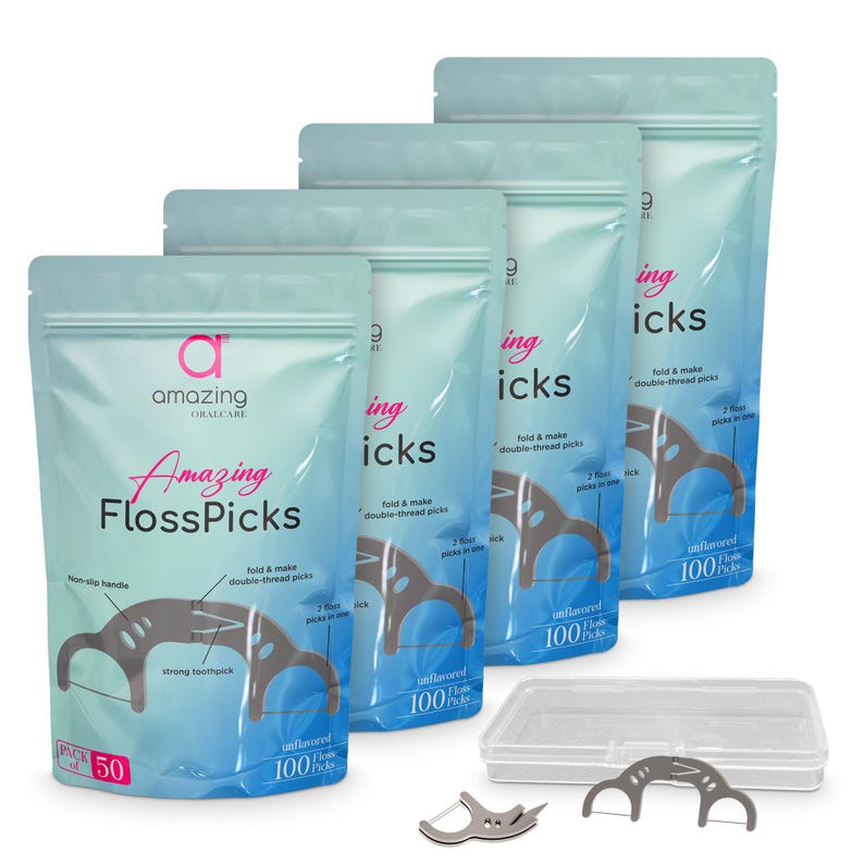 以下が含まれることがあります： 無香料のフロスピックが4つのパッケージに入っています。各パッケージには100本のフロスピックが入っています。パッケージは青と白で、「Amazing FlossPicks」と「無香料 100本フロスピック」の文字が書かれています。また、透明なプラスチック製の容器にフロスピックが2本入っています。