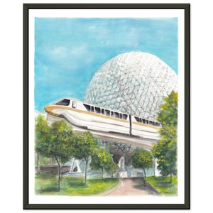 Spaceship Earth and Monorail Watercolor  - Black Metal Framed Print 16&quot; x 20&quot;