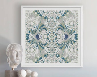 Carmen Blue and White Abstract Floral Art Print – Rococo Decor | Grandmillenial Décor | Maximalist Wall Art
