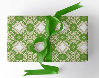 Wrapping Paper Roll by the Yard ~ Alexandria Green Medallion Paper 30" wide, Wrapping Paper Rolls [Preppy Gift Wrap, Summer, All Occasion]