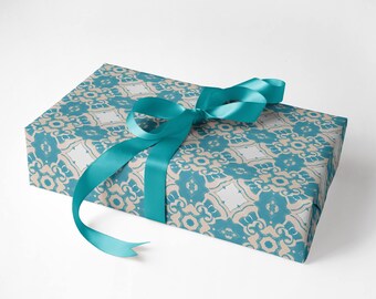 Wrapping Paper by the Yard ~ Alexandria Sea Blue Medallion Paper 30" wide, Wrapping Paper Rolls [Preppy Gift Wrap, Summer, All Occasion]