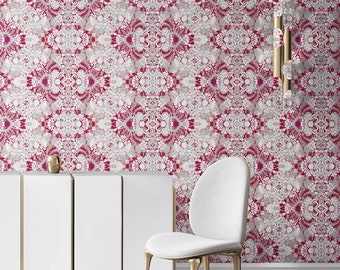 Carmen | Magenta Pink Gray Floral Wallpaper | Peel n Stick Wallpaper and Non-Woven Wallpaper, Handmade Wallpaper