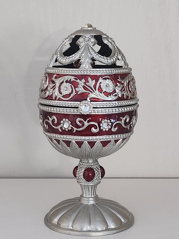 Jane Seymour Burgundy Silver Jeweled Enamel Hinged Egg Music Box