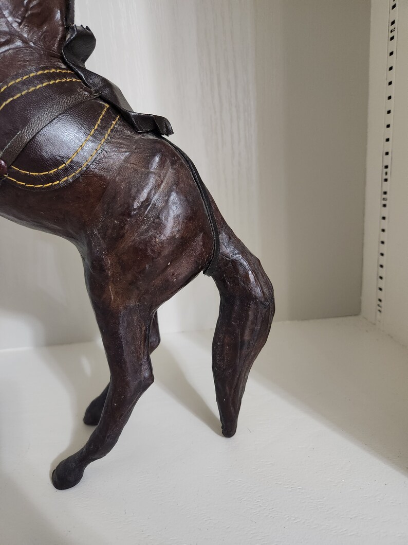 Vintage Rearing Horse Leather Statue, Brown Leather Horse Sculpture