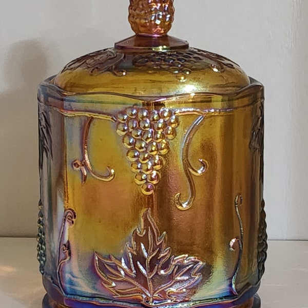 Vintage 1970s Indiana Carnival Glass Grape Harvest Canister Jar With Lid Iridescent Marigold-Mint