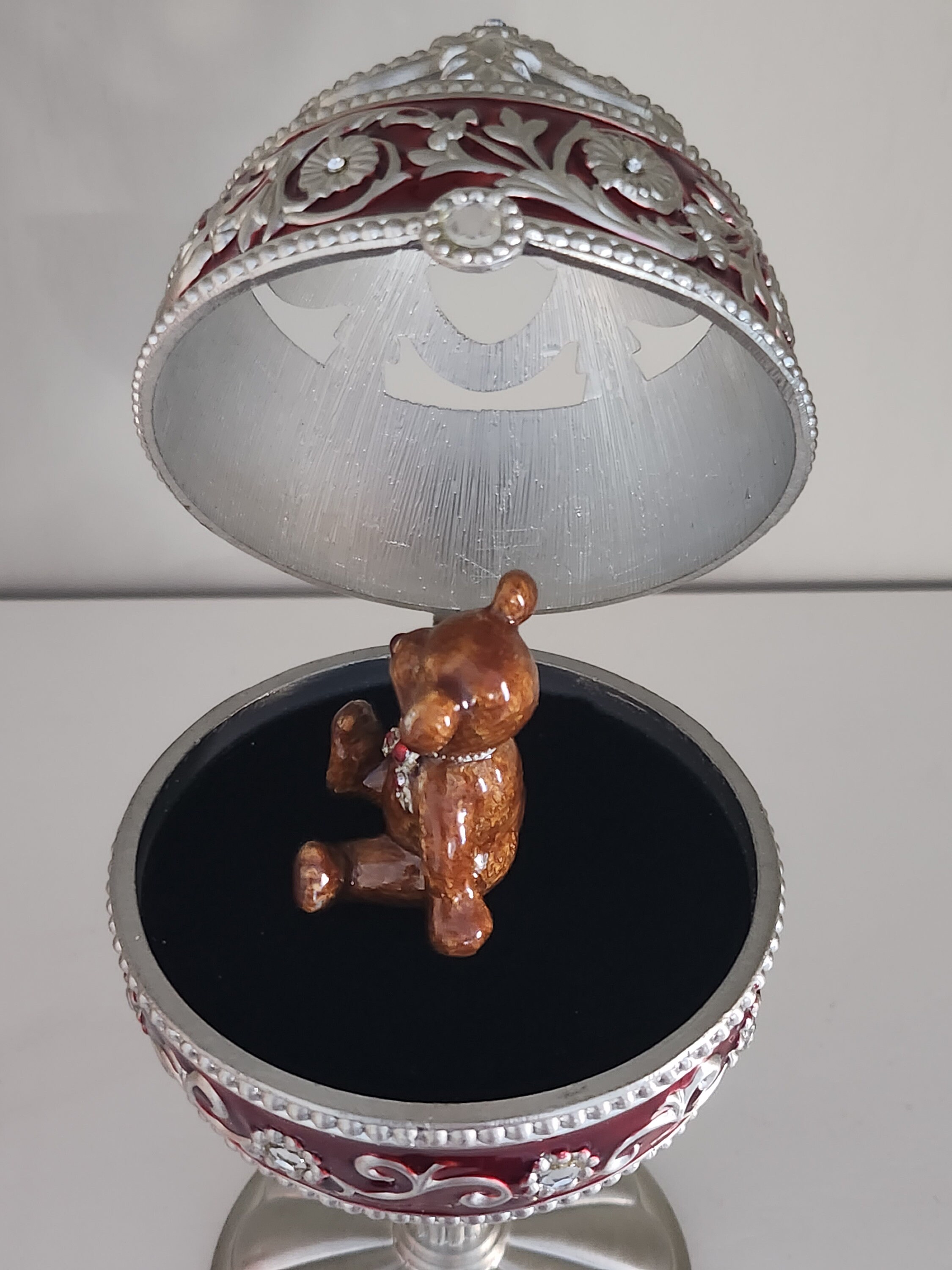 Jane Seymour Burgundy Silver Jeweled Enamel Hinged Egg Music Box