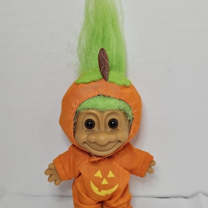 Vintage Russ Halloween Pumpkin Jack O Lantern Green Hair Troll Doll