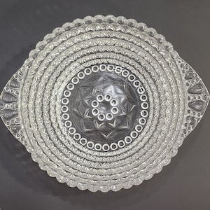 Vintage Anchor Hocking Press Glass Serving Bowl With Decorative Handles Diamond & Beaded Design