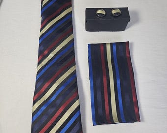 Striped Men's Tie Set: Cuff Links & Pocket Square - Swallow Fight - New In Box
