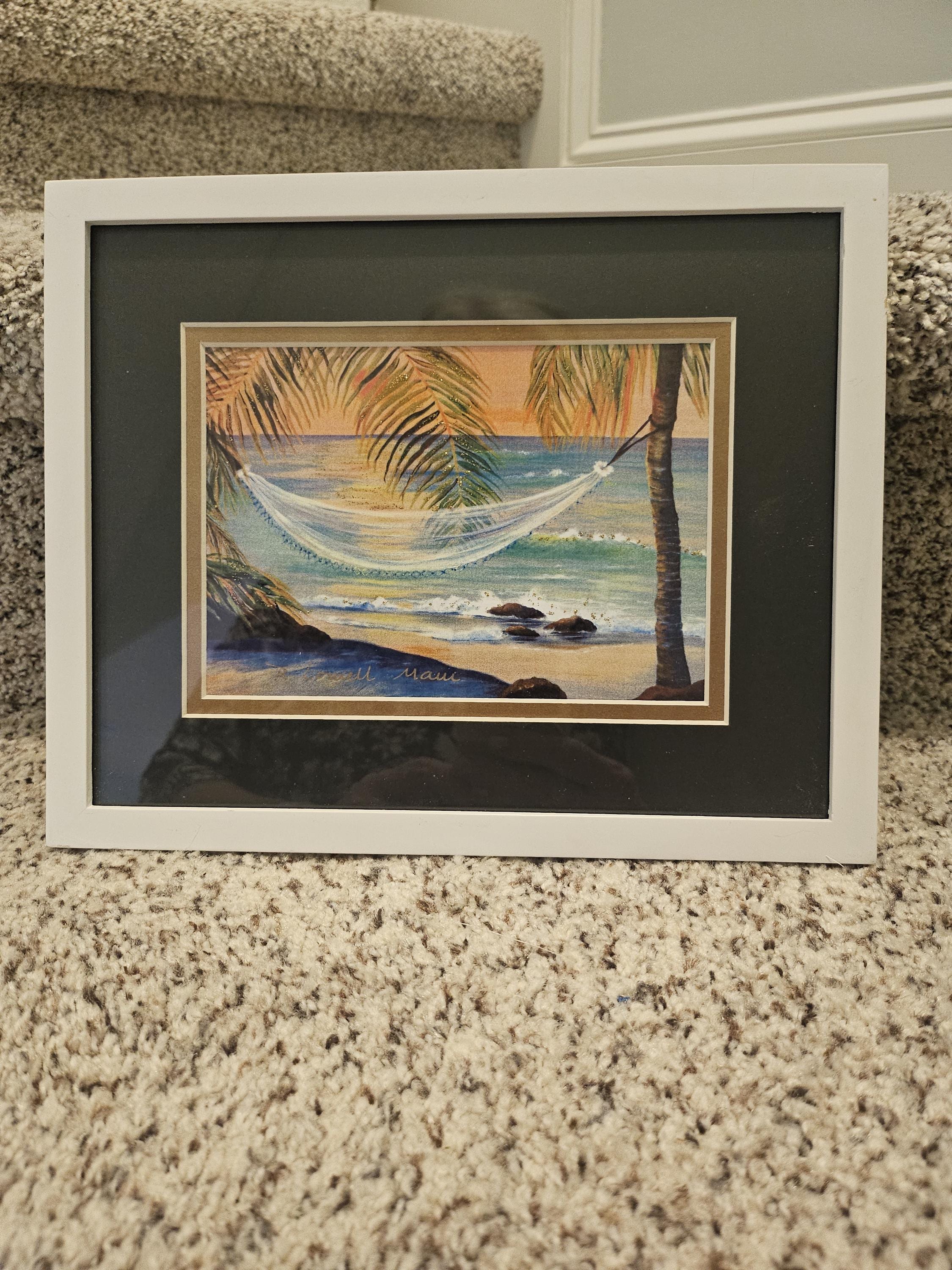 Rebecca Lowell Art 1995 鯨の親子　ハワイアート　マウイ Framed Watercolor Island Art Print Maui Art. Signed by Rebecca