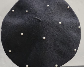 Vintage Rare Find 100% Wool Beret Made in Hong Kong Black Beret With Pearls Acce Vintage Wool Beret: Black Pearl Accent, Made in Hong Kong  main image 2