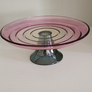 Vintage Glass Cake Stand Purple and Green Iridescent Glass Farmhouse Decor, Country Decor