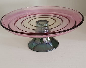 Vintage Glass Cake Stand Purple and Green Iridescent Glass Farmhouse Decor, Country Decor