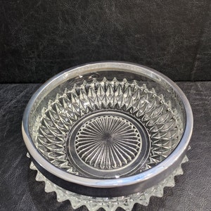 Vintage Handmade Crystal Bowl, England Hobnail, Silver Plated Rim. Clear Glass