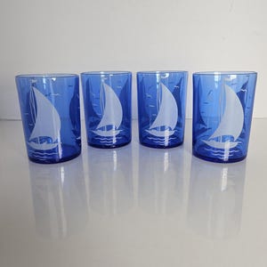 Hazel Atlas Rare Blue/White Sailboat Juice Glasses Set Of 4 Flat Tumblers