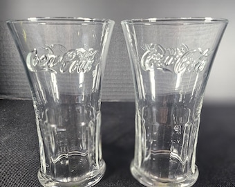 Set Of 2 Libbey Clear Coca Cola Embossed Flared Rim 14 Oz. Tumbler Glasses