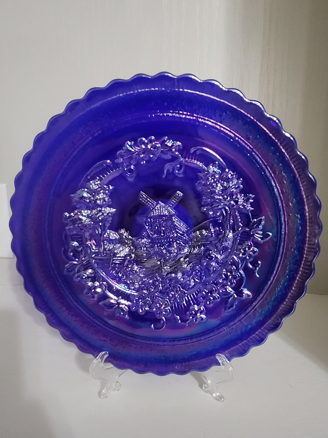 Verre à Eau Vintage Cobalt Blue Avec Motif Moulin à Vent Blanc, Fabrication Américaine